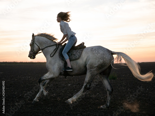 Girl and horse at sunset, jumping over the field © alex_marina