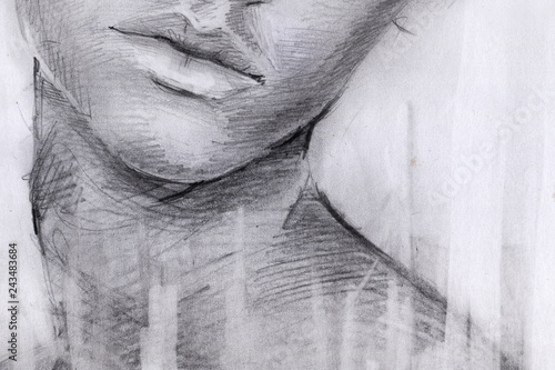 lips of a girl.  face sketch. drawing pencil strokes.