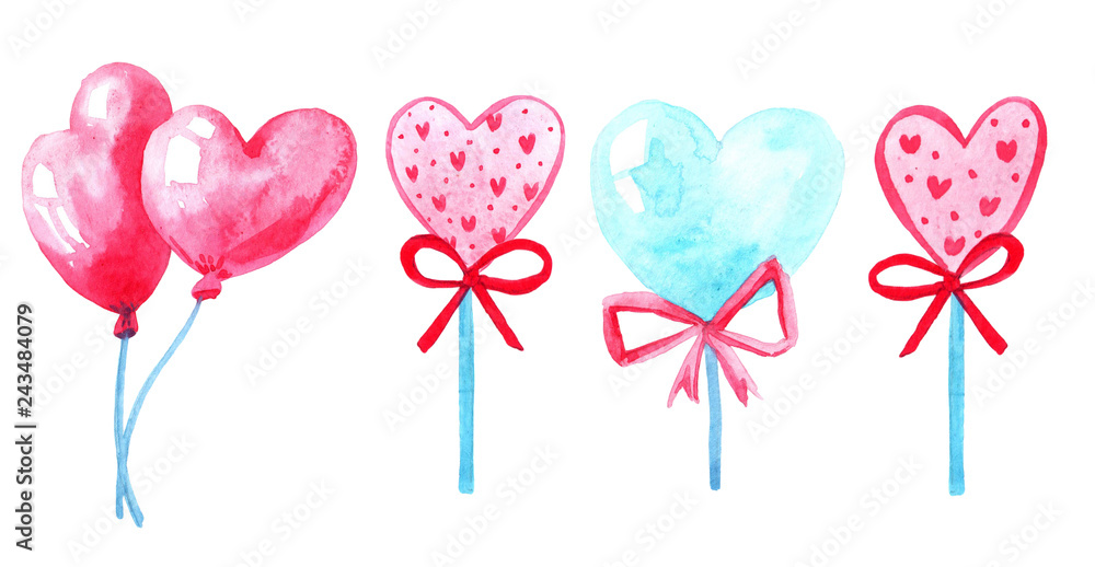 watercolor image of a heart-shaped balloon. pink and blue heart. greeting card for valentines day.