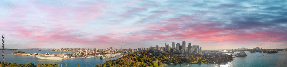 Sydney, Australia. Panoramic aerial view of city skyline and famous harbor area