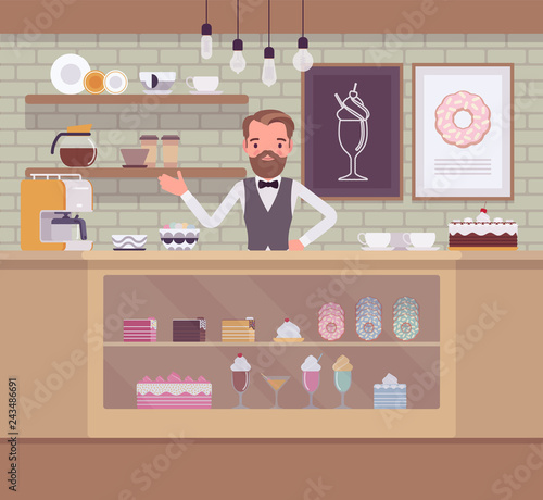 Confectionery store, shop with sweet assortment, man sells sugary food