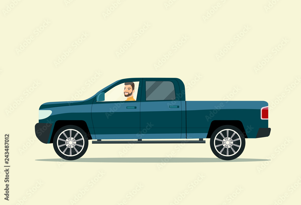 Pickup truck with man isolated.  Vector flat style illustration