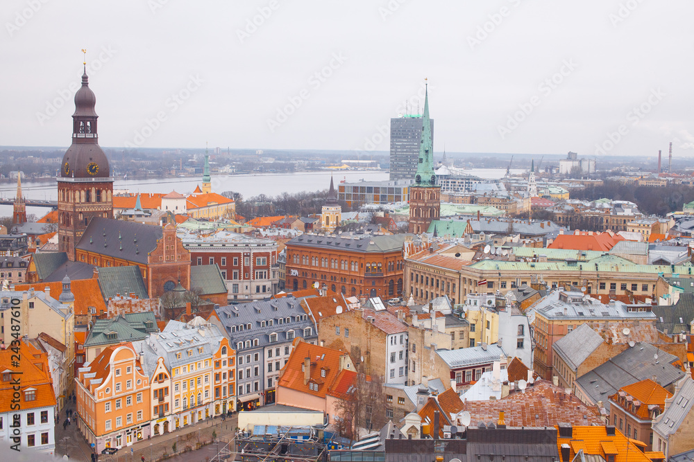 Beautiful aerial view of the old town Riga. View of the roofs of the old town from above. Winter season in Riga, Latvia