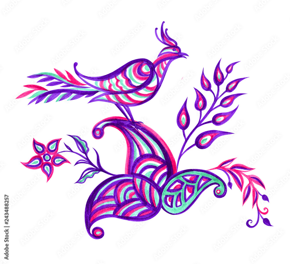 A bouquet of paisley and fabulous bird, decorative composition of oriental ornament, Indian pattern. A bouquet of paisley and fabulous bird, decorative composition of oriental ornament, Indian pattern.