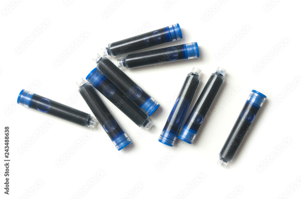 group of plastic cartridge of ink on white background group of plastic cartridge of ink on white background