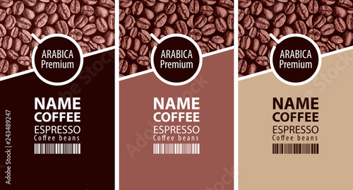 Vector set of three coffee bean labels. Coffee labels with coffee Cup and bar code on the background with coffee beans. Espresso