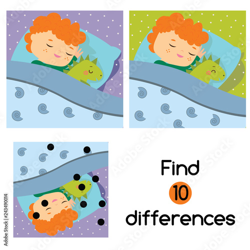 Find the differences educational children game. Kids activity sheet with boy sleeping in bed
