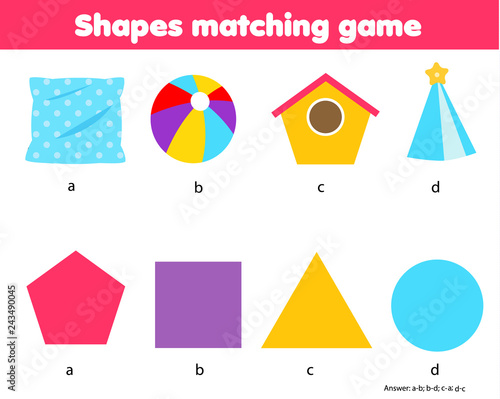 Educational children game. Matching game worksheet for kids. Match by shape