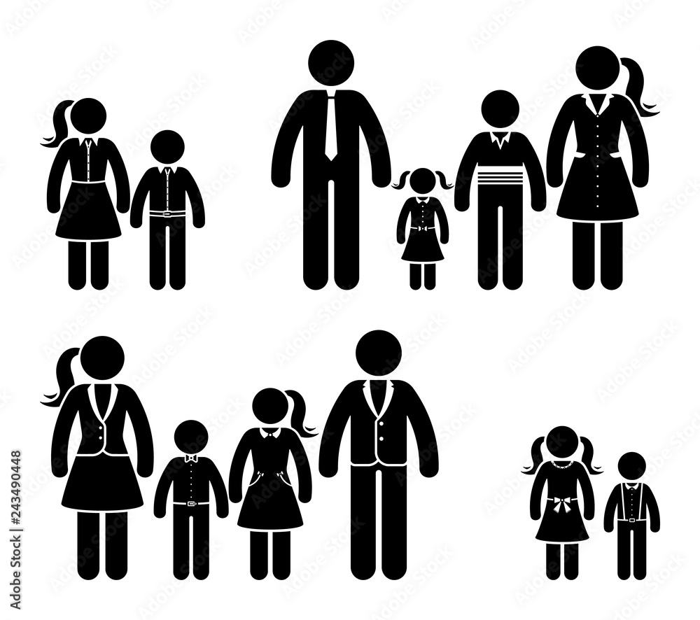 Vetor de Stick figure family in nice clothes icon set. Full dressed ...