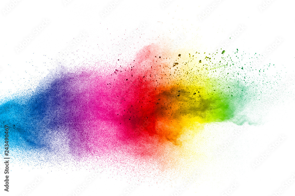 Color dust splash cloud on white background. Launched colorful particles on background.