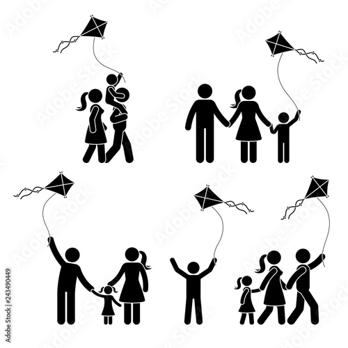 Stick figure happy active family with kite icon set. People spending time outdoor pictogram