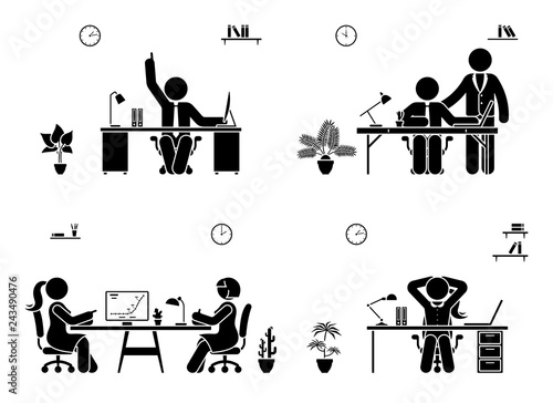 Support, conversation, rest, great idea at the office icon set. Stick figure business meeting pictogram