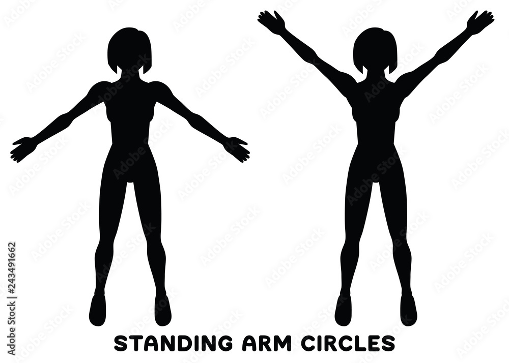 Standing arm circles. Sport exersice. Silhouettes of woman doing exercise.  Workout, training. Stock Vector