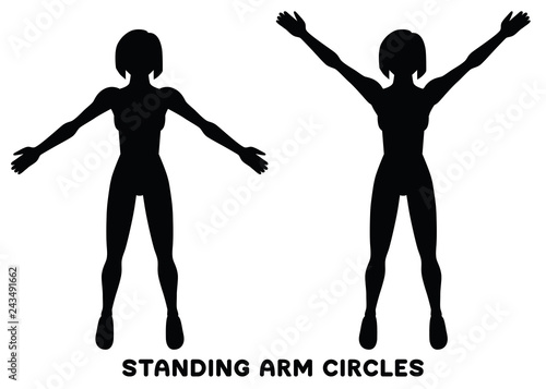 Standing arm circles. Sport exersice. Silhouettes of woman doing exercise. Workout, training.