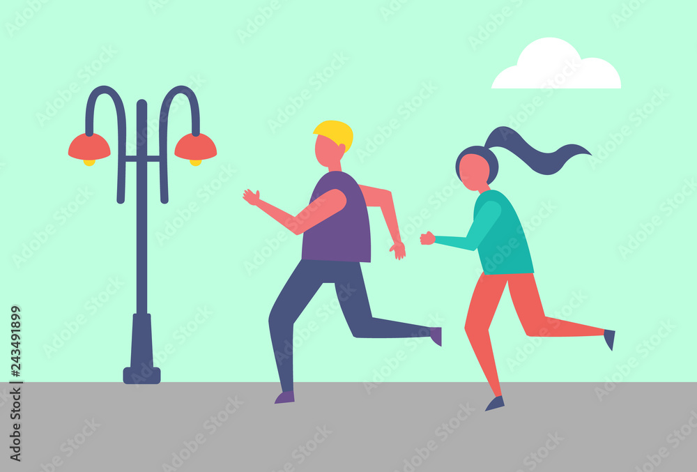 Man and Woman Running Together in City Park Lamp