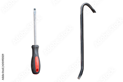 an old screwdriver and claw hammer isolated