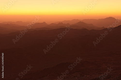 Panoramic landscape view of Mount Sinai (Mount Horeb, Gabal Musa, Moses Mount) during sunrise. Sinai Peninsula of Egypt. Pilgrimage place and famous touristic destination © evgenij84