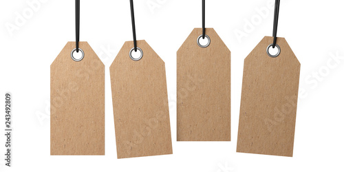 Blank craft paper gift tags, isolated cutout on white. 3d illustration
