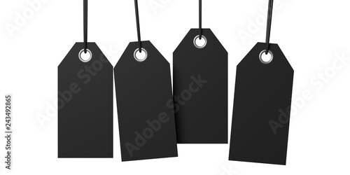 Black cardboard paper gift tags, isolated cutout on white background. 3d illustration