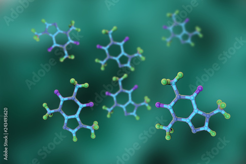 Molecular model of caffeine, a stimulant and psychoactive drug. Medical background. 3d illustration photo
