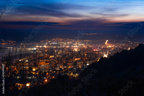 Aerial view of Varna city centre at sunset. Night urban landscape