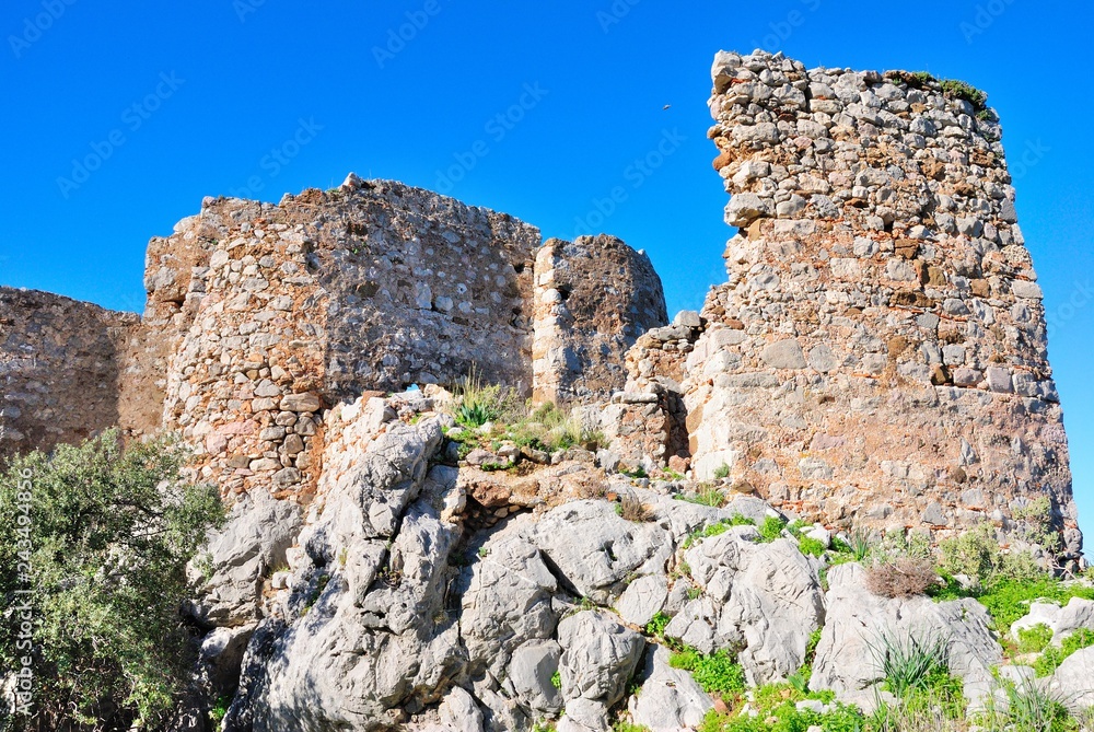 Ruins of an ancient Hydas castle on the Sarıkaya Hill above Selimiye village near Marmaris resort town in Mugla Province of Turkey