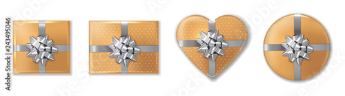 Giftbox set golden silver Vector realistic. Product placement mock up. Design...