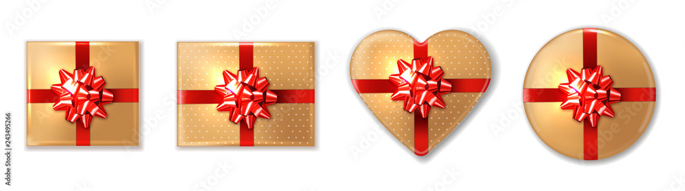 Obraz premium Golden giftbox set with red bow Vector realistic. Product placement mock up. Design packaging 3d illustrations