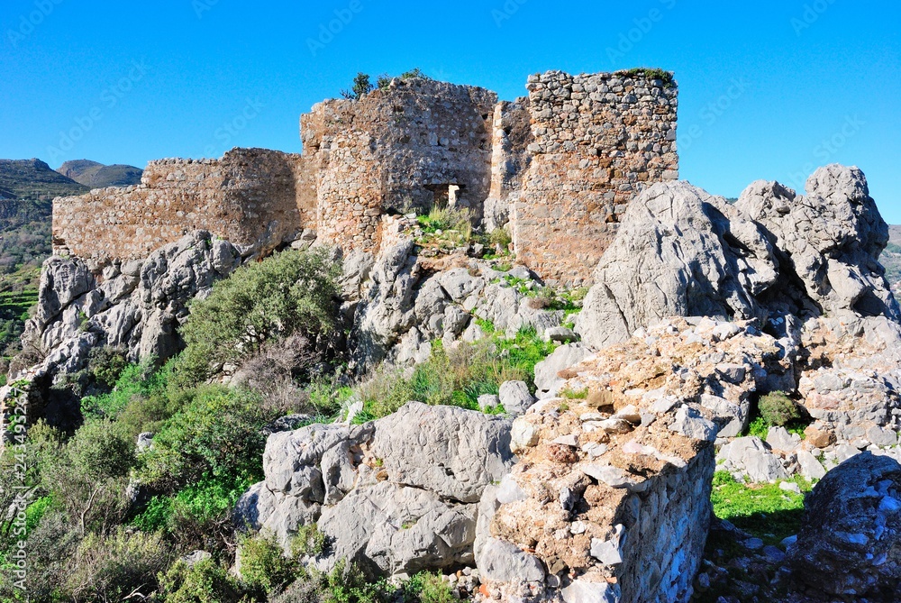Ruins of an ancient Hydas castle on the Sarıkaya Hill above Selimiye village near Marmaris resort town in Mugla Province of Turkey