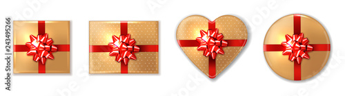 Golden giftbox set with red bow Vector realistic. Product placement mock up. ...