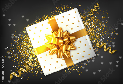 Gift box golden bow Vector realistic. Confeti and garland sparkle. Product pl...