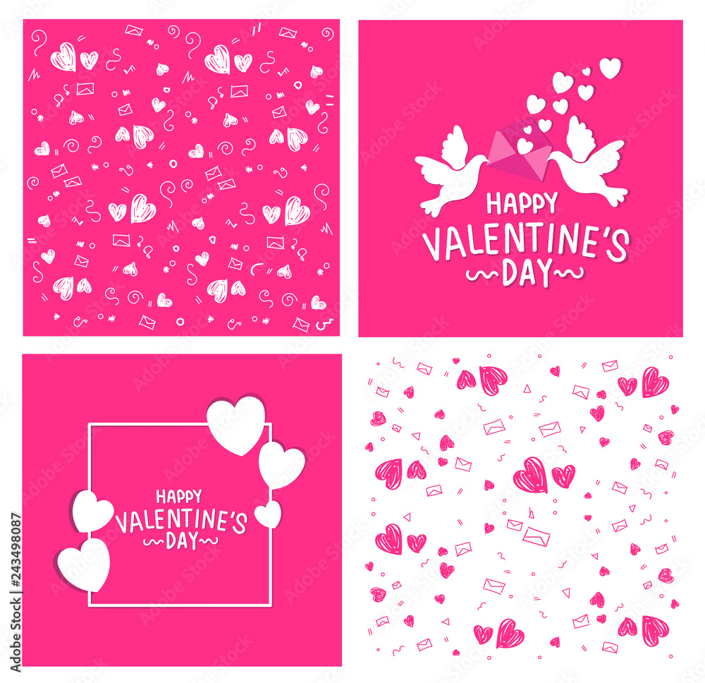Seamless pattern love set with red pink color hearts shape on isolated background.Vector illustration free hand drawing