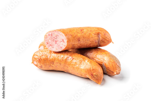 Smoked sausage isolated on white background.