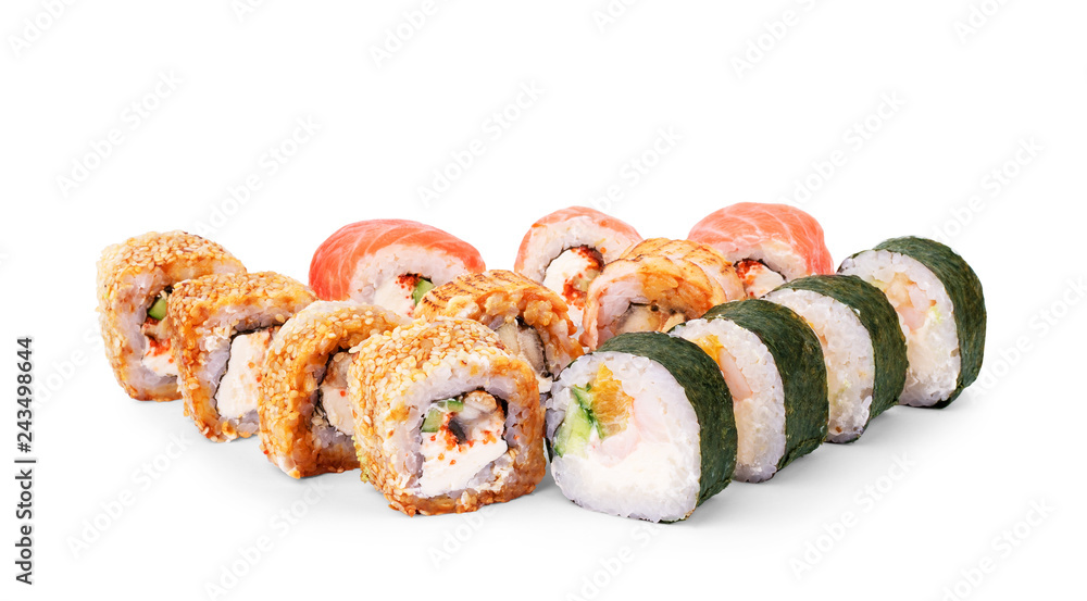 the sets of rolls of sushi collage a lot different on a white background in different colors for the menu the sets of rolls of sushi collage a lot different on a white background in different colors for the menu