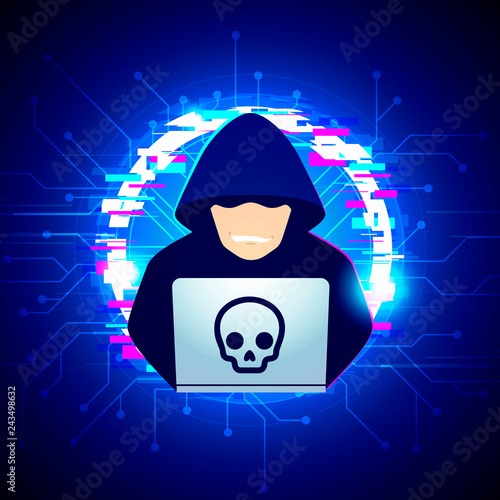 Vector illustration computer black hoodie hacker spread a net - trying cyber attack on laptop with glitch background