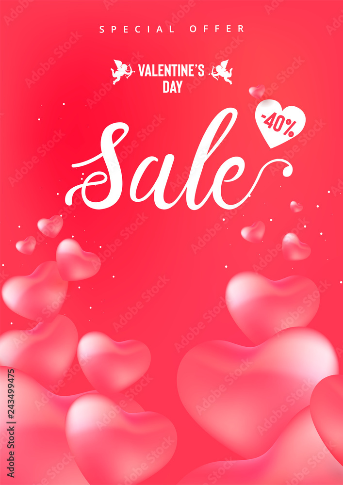 Happy Valentine's Day sale banner with calligraphy text and red baloon hearts. Vector illustration