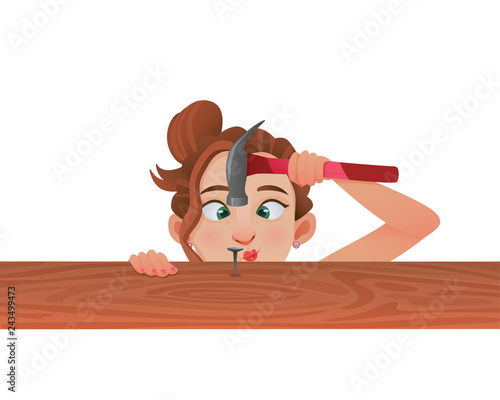 Young woman trying nail with hummer into wooden plank. Vector illustration isolated on white background