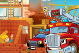 cartoon illustration with fire fighter truck at work helping on accident on construction site - illustration for children