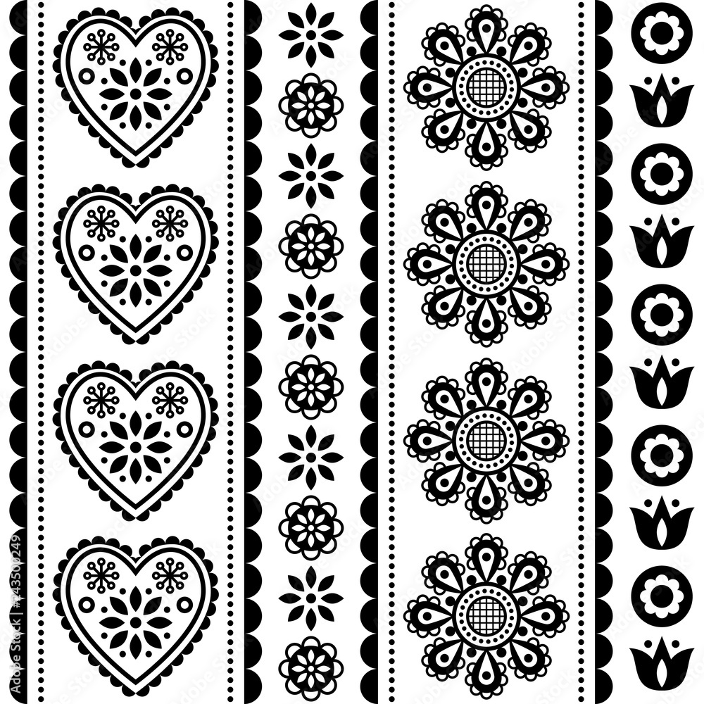 Scandinavian seamless folk art vector pattern with flowers and hearts, black and white Nordic ornament design - long stripes Scandinavian seamless folk art vector pattern with flowers and hearts, black and white Nordic ornament design - long stripes