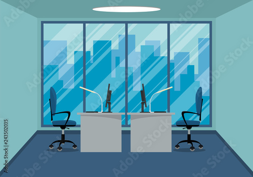 Design of modern office design workplace with large window