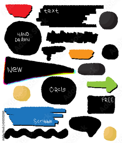 Grunge brush strokes. Text banners, speech bubbles for your message. Set of stains isolated on white background. Hand drawn scribble. Dirty artistic design elements. Vector illustration