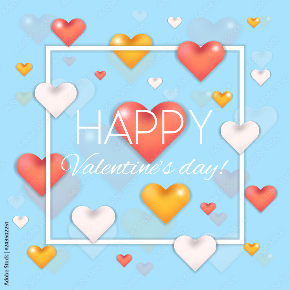 Lovely blue card with pink, golden and silver 3d hearts with shadow and thin square white frame for Valentines day design. Passion background for 14 february celebration with heart drops