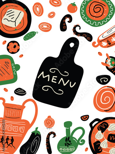 Vector illustration of traditional greek food and cutting board with word Menu.