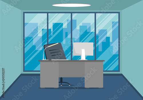 Design of modern office design workplace with large window
