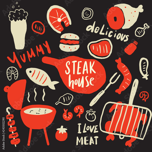 Steak house. Funny hand drawn elements and phrases about tasty food. Grill, barbeque, steak restaurant design concept. Black background, made in vector.