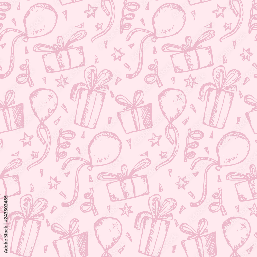 Tender pink seamless pattern with sketch scratched gift boxes, balloons and confetti. Cute doodle party texture for girls wrapping paper, textile, package design, banner, wallpaper Tender pink seamless pattern with sketch scratched gift boxes, balloons and confetti. Cute doodle party texture for girls wrapping paper, textile, package design, banner, wallpaper