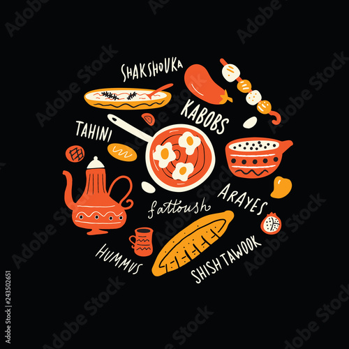 Middle eastern food. Typographic hand drawn illustration and names of dishes in circle. Traditional cuisine concept. Vector.