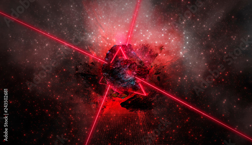 Abstract background with comet explosion. Thick smoke burning stone, laser beam, red neon. Cosmic explosion, neon light.
