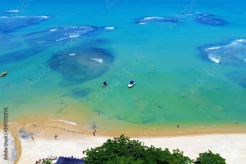 Aerial view of a paradise beach with crystal water. Fantastic landscape. Great beach view. Trancoso, Bahia, Brazil