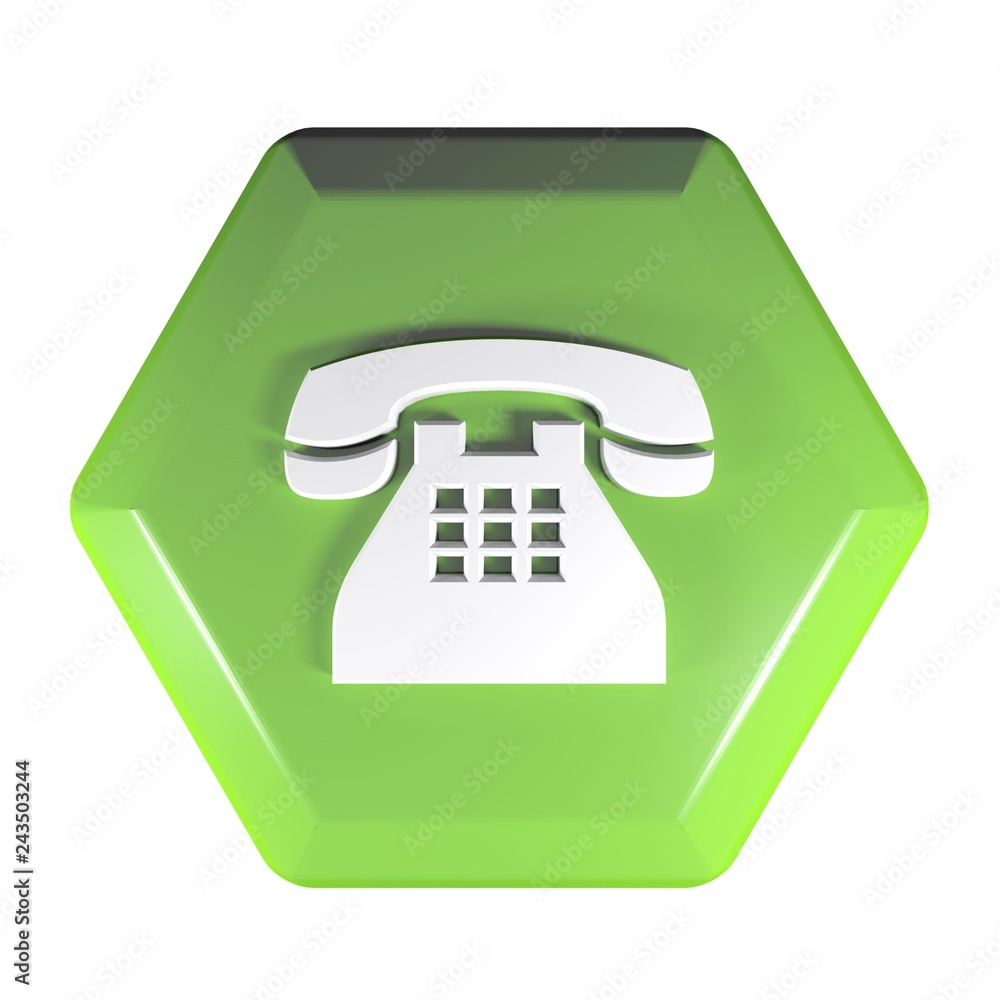 Telephone icon green hexagonal push button - 3D rendering illustration Telephone icon green hexagonal push button - 3D rendering illustration
